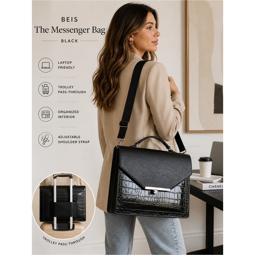 BEIS Black Leather Croc Embossed Padded Laptop Bag with Shoulder Strap